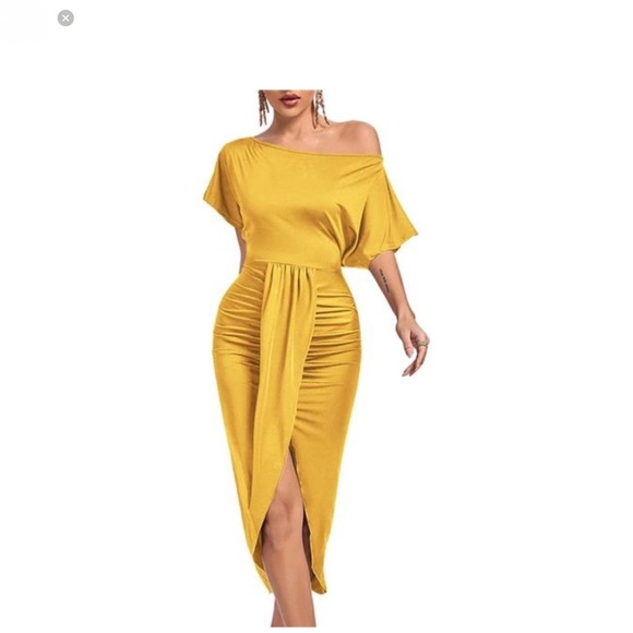 Women’s One Off Shoulder Ruched Wrap Front Dress, Yellow - Picture 3 of 3